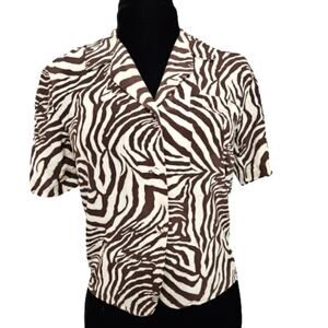 Jessica Lauren Silk Animal Print Short Sleeve Button Front Top Small Career